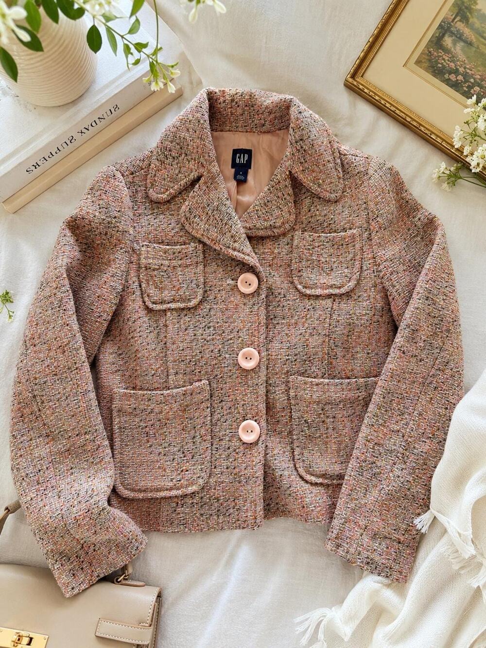 Vintage GAP Pink Tweed Blazer | 90s Wool Blend Jacket Y2K Peacoat Style S